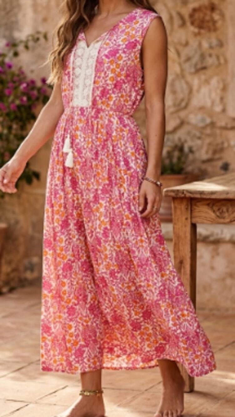 Zoey & Leelo Pink & Orange Floral Boho Maxi Dress sz L